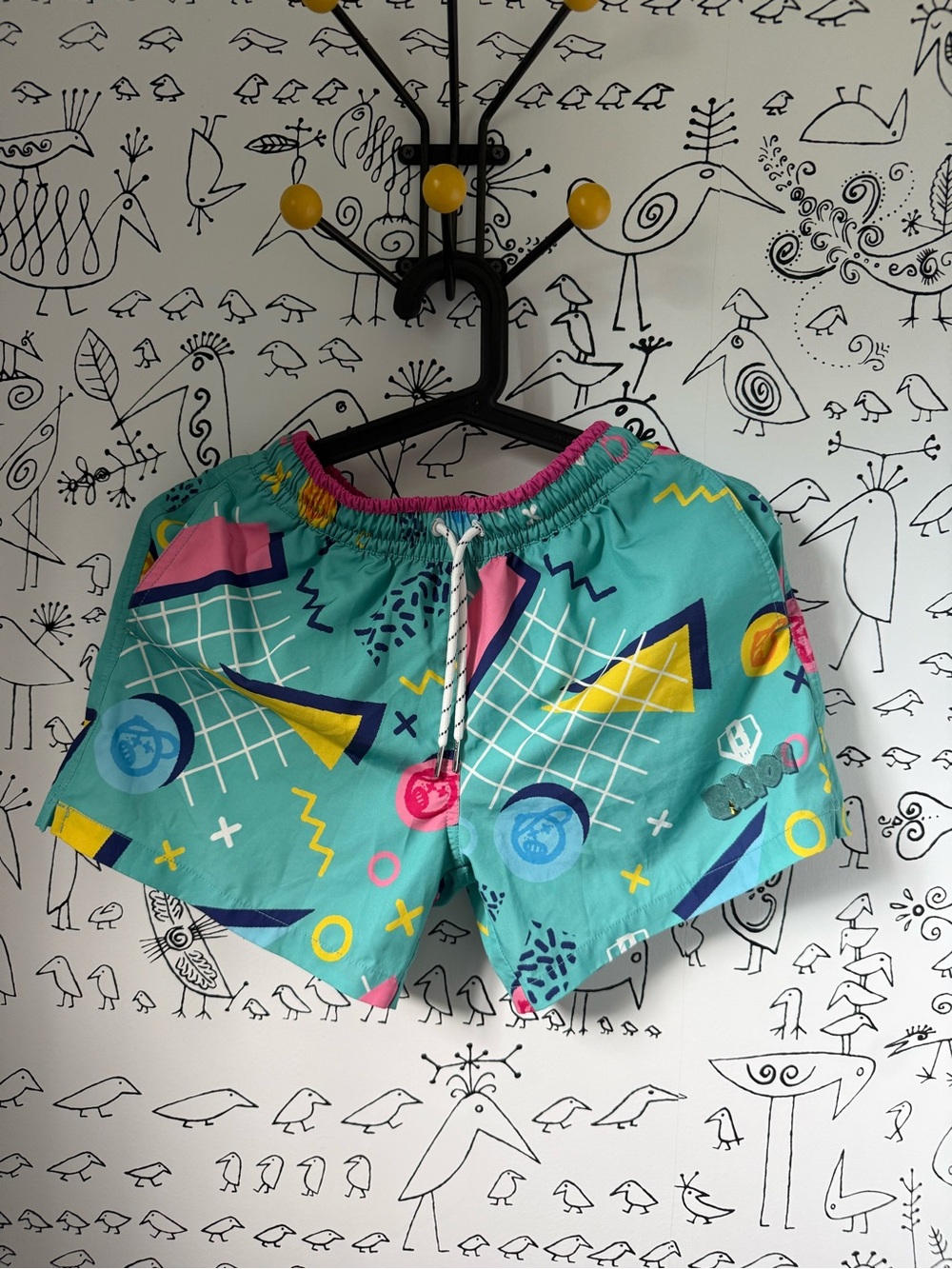 Kids Teal Geometric Swim Trunks with Drawstring
